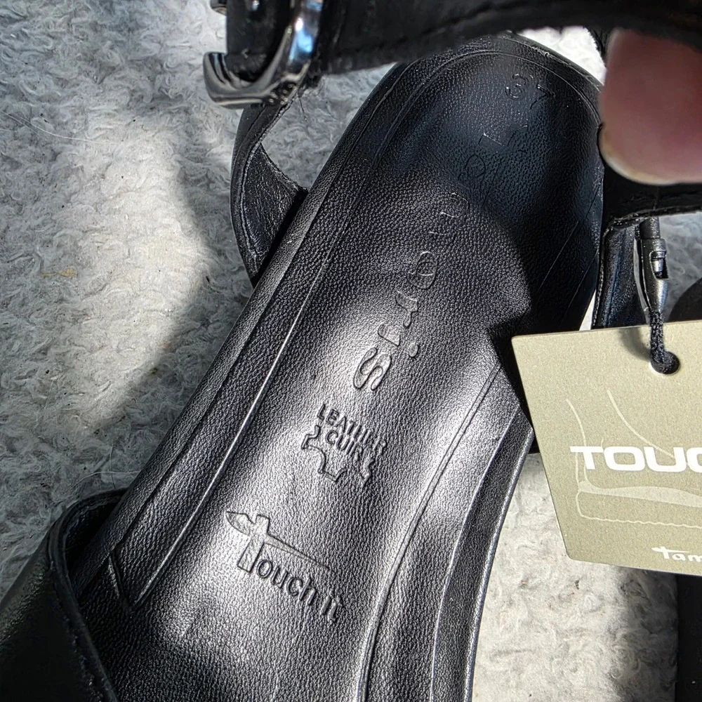Tamaris Soft Black Leather Micro Wedge Sandals Womens EU‎ 37 US 6.5 Strappy NEW